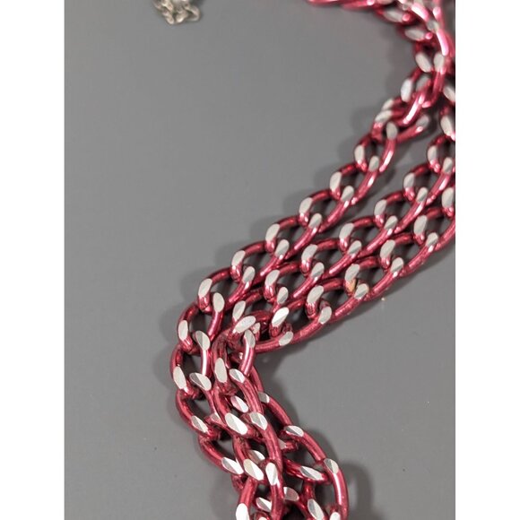 Vintage Pink Silver Tone Curb Cuban Multi Chain Layer Necklace 26" - Picture 5 of 9